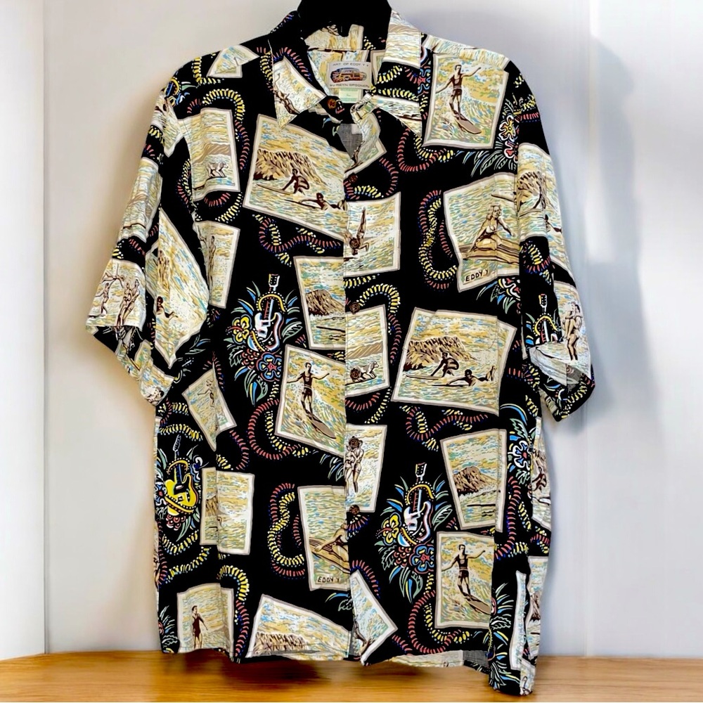 Reyn Spooner Art of Eddie Y L Hawaiian Shirt Surfers Guitars Crafted in Hawaii